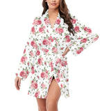 Rose Pattern Print Design 02 Women's Long Sleeve Belted Night Robe