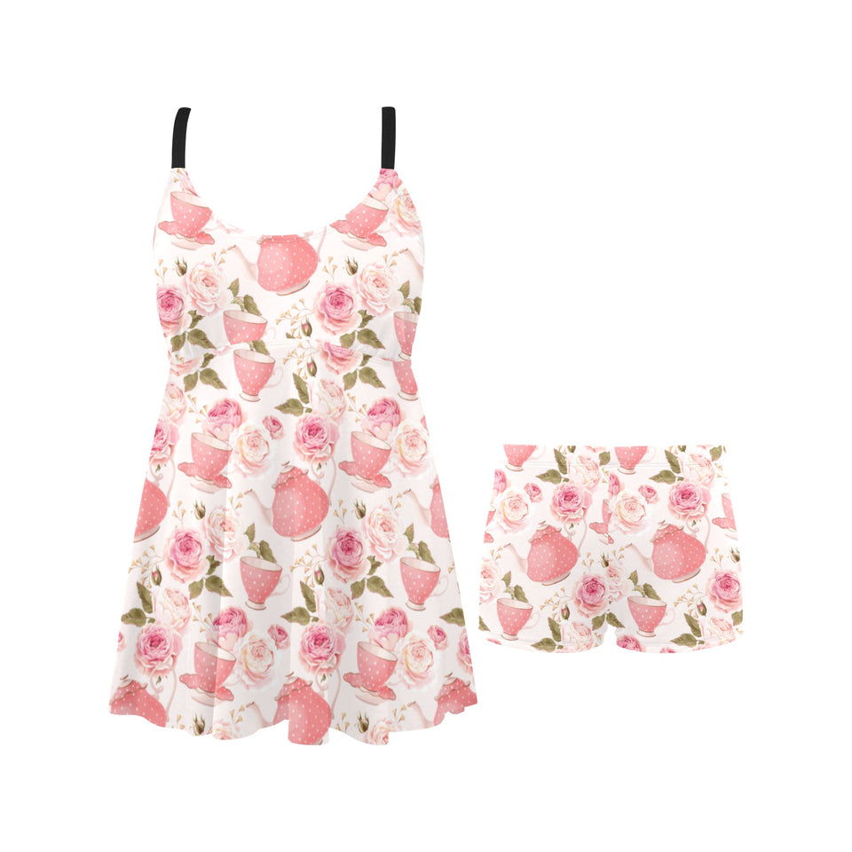 Tea pots Pattern Print Design 04 Chest Sexy Pleated Two Piece Swim Dress