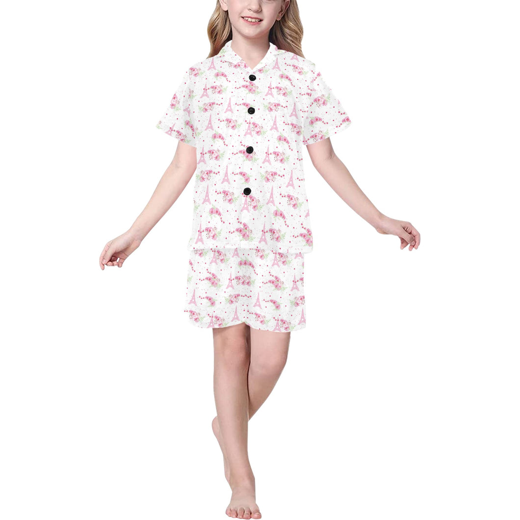 Eiffel Tower Pink Theme Pattern Print Design 05 Kids' Boys' Girls' V-Neck Short Pajama Set