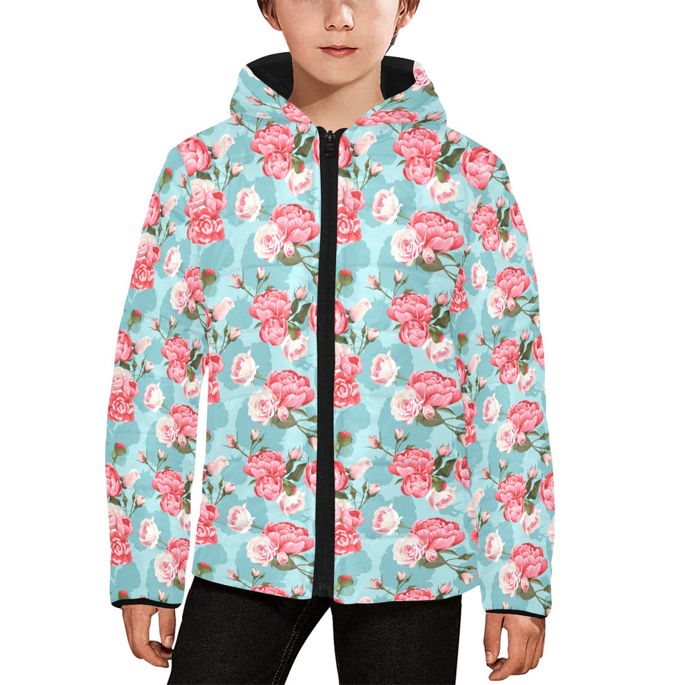 Rose Pattern Print Design 03 Kids' Boys' Girls' Padded Hooded Jacket