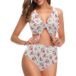 Rose Pattern Print Design 02 Chest Bowknot High Waisted Bikini Swimsuit