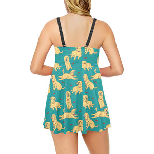 Golden Retriever Pattern Print Design 05 Chest Sexy Pleated Two Piece Swim Dress