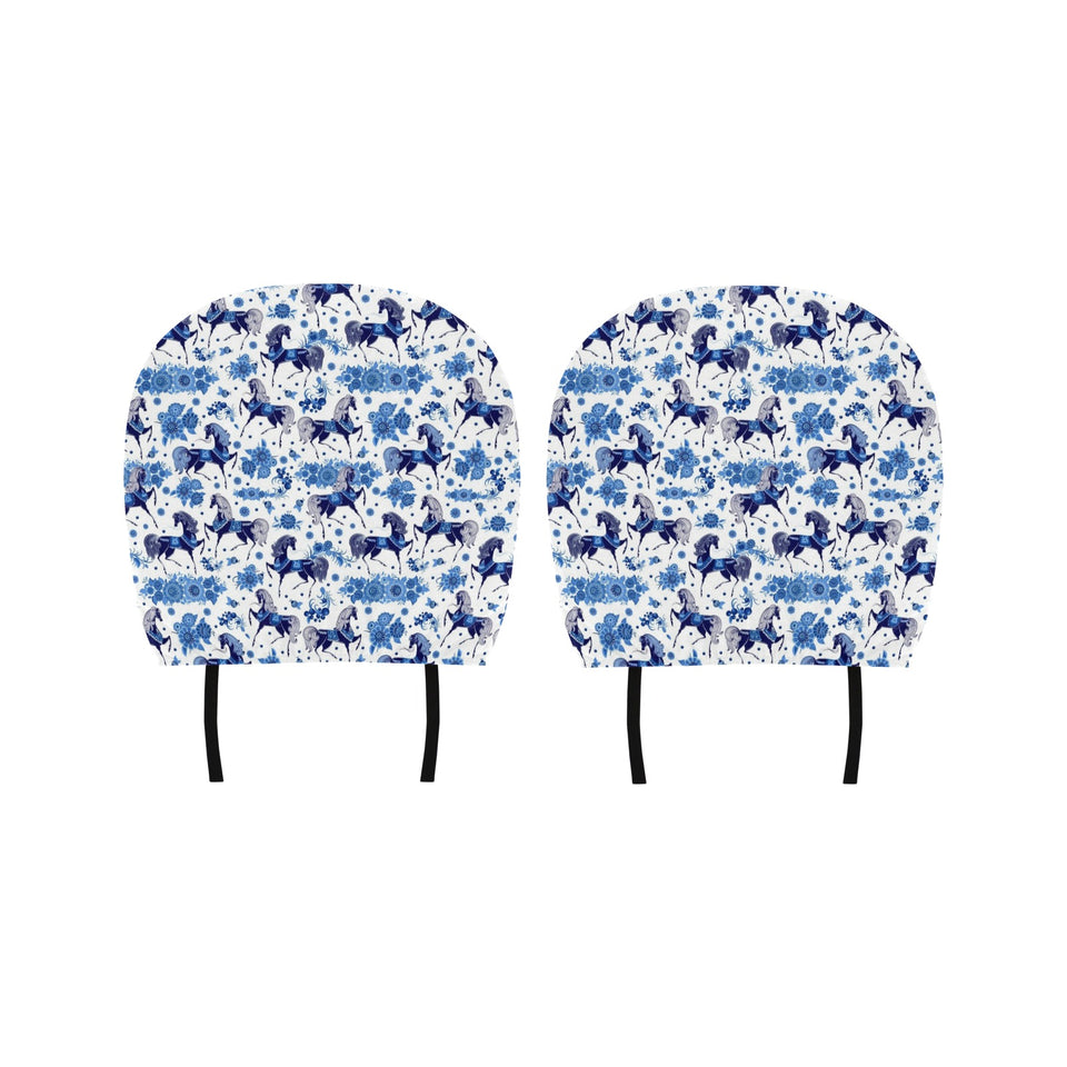 Horse Flower Blue Theme Pattern Car Headrest Cover