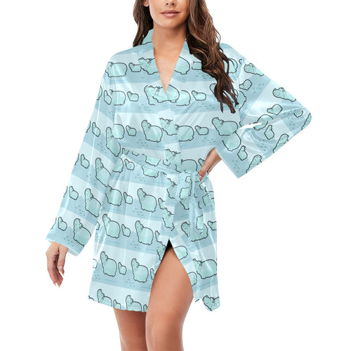 Hippopotamus Pattern Print Design 02 Women's Long Sleeve Belted Night Robe