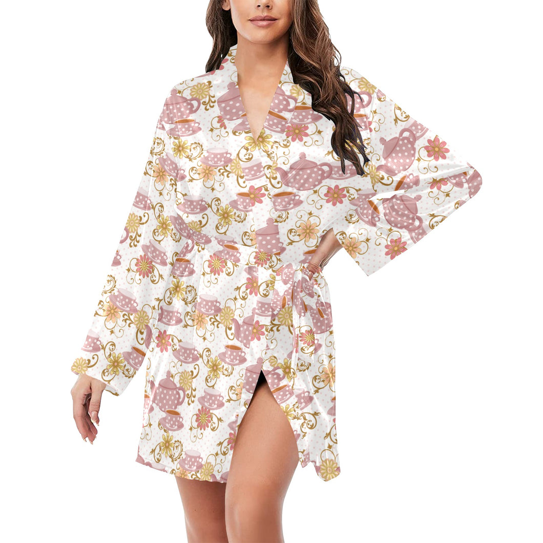 Tea pots Pattern Print Design 01 Women's Long Sleeve Belted Night Robe