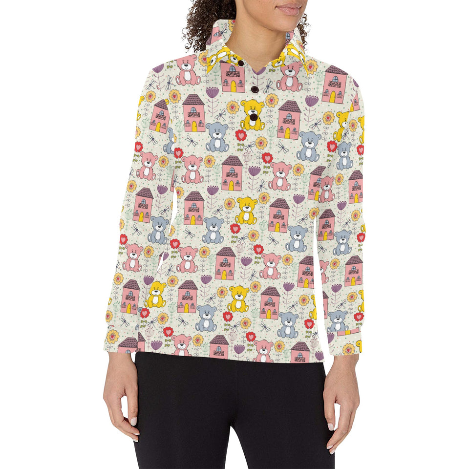 Teddy Bear Pattern Print Design 04 Women's Long Sleeve Polo Shirt