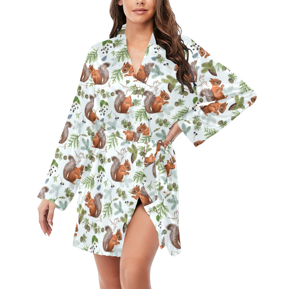 Squirrel Pattern Print Design 02 Women's Long Sleeve Belted Night Robe