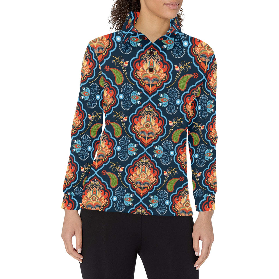 Indian Traditional Pattern Women's Long Sleeve Polo Shirt