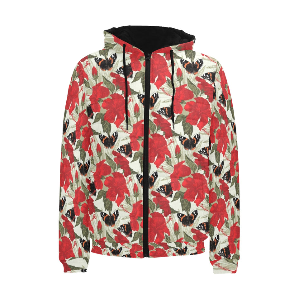 Hibiscus Pattern Print Design 04 Men's Padded Hooded Jacket(ModelH42)