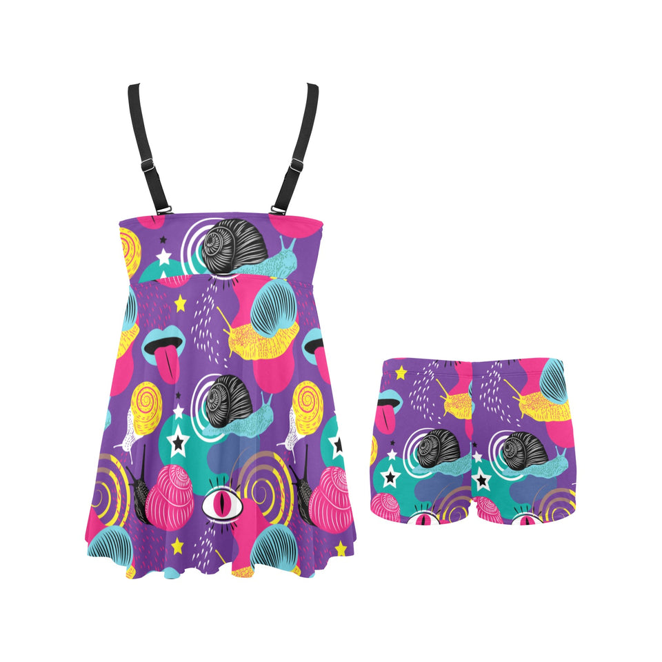 Snail Pattern Print Design 02 Chest Sexy Pleated Two Piece Swim Dress