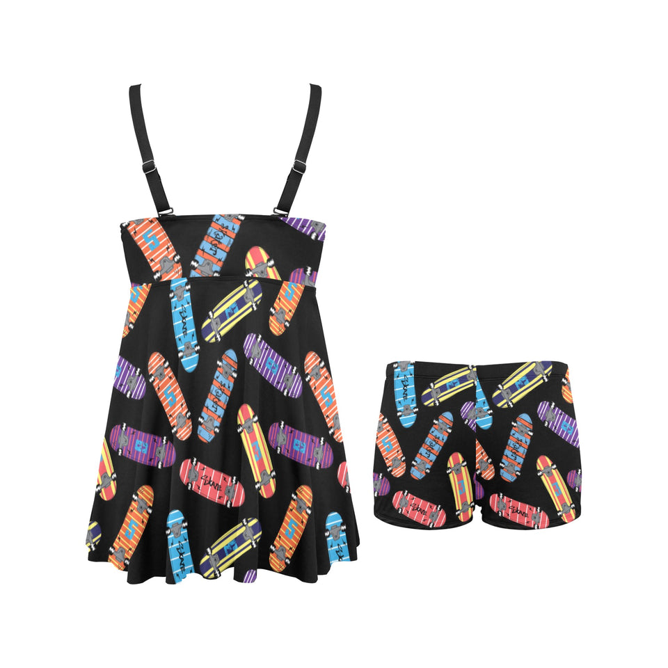 Skate Board Pattern Print Design 04 Chest Sexy Pleated Two Piece Swim Dress