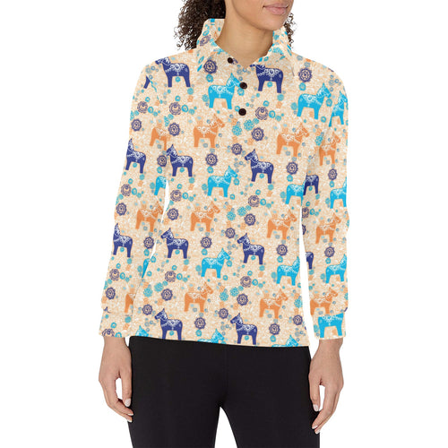 Cute Horse Pattern Women's Long Sleeve Polo Shirt