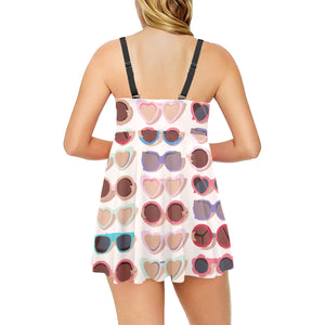 Sun Glasses Pattern Print Design 04 Chest Sexy Pleated Two Piece Swim Dress