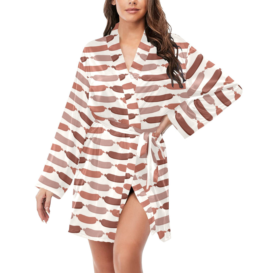 Sausage Pattern Print Design 02 Women's Long Sleeve Belted Night Robe