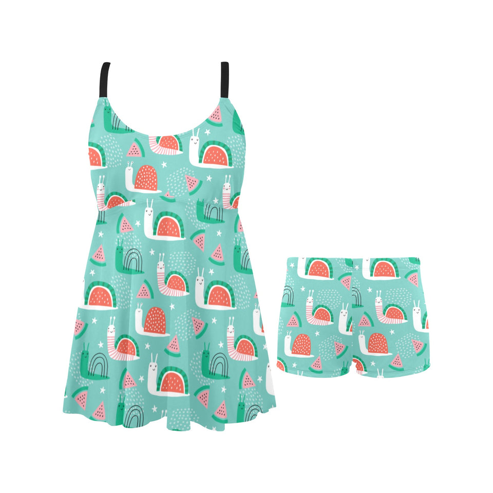 Snail Pattern Print Design 01 Chest Sexy Pleated Two Piece Swim Dress