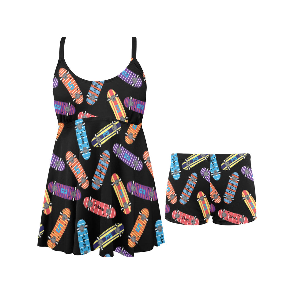 Skate Board Pattern Print Design 04 Chest Sexy Pleated Two Piece Swim Dress