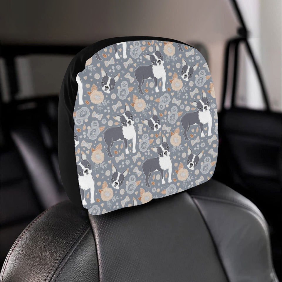 Boston Terrier Flower Pattern Gray Background Car Headrest Cover