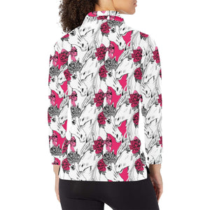 Horse Head Rose Pattern Women's Long Sleeve Polo Shirt