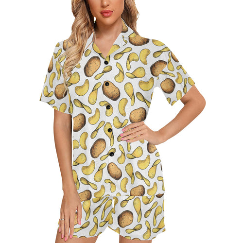 Potato Chips Pattern Print Design 01 Women's V-Neck Short Pajama Set