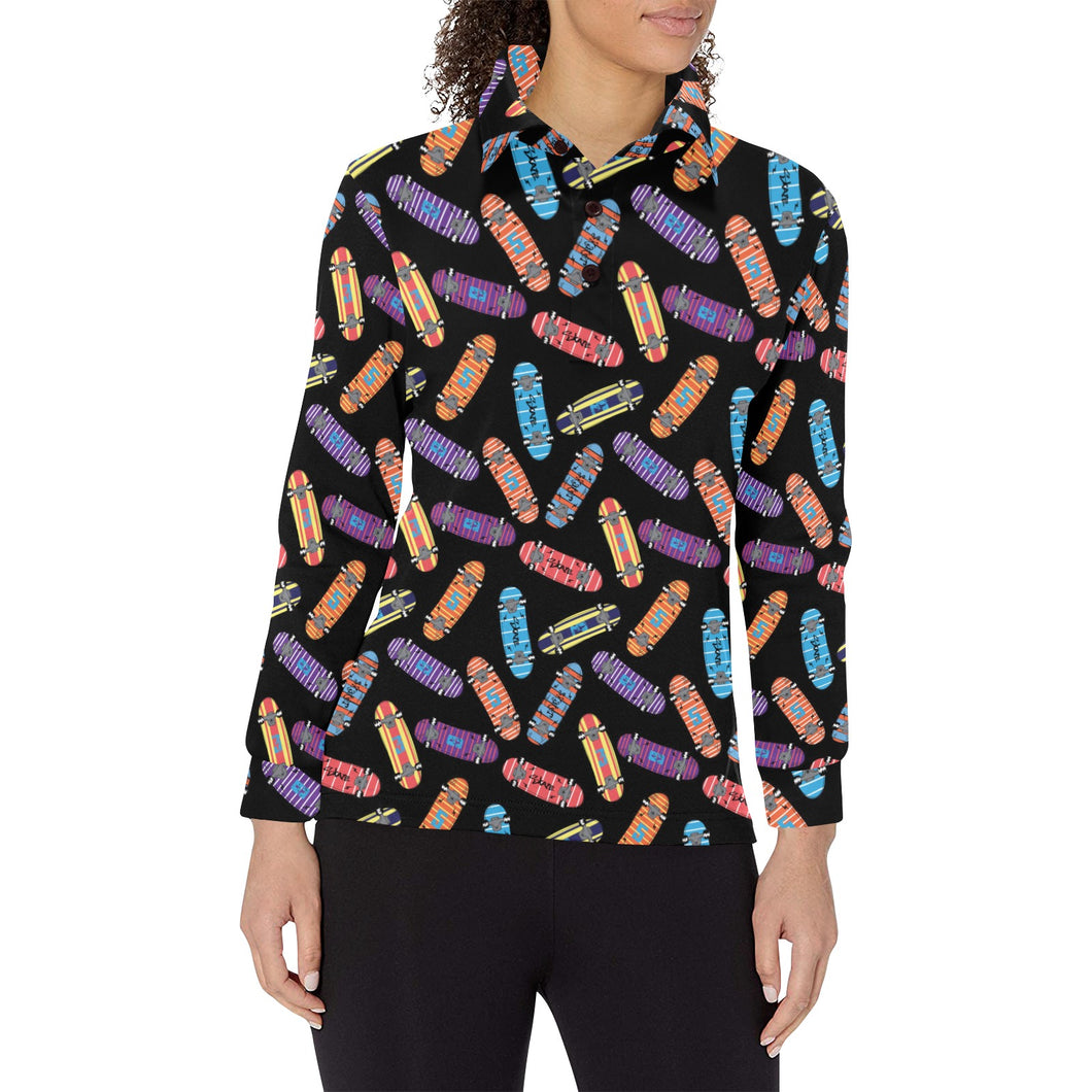 Skate Board Pattern Print Design 04 Women's Long Sleeve Polo Shirt