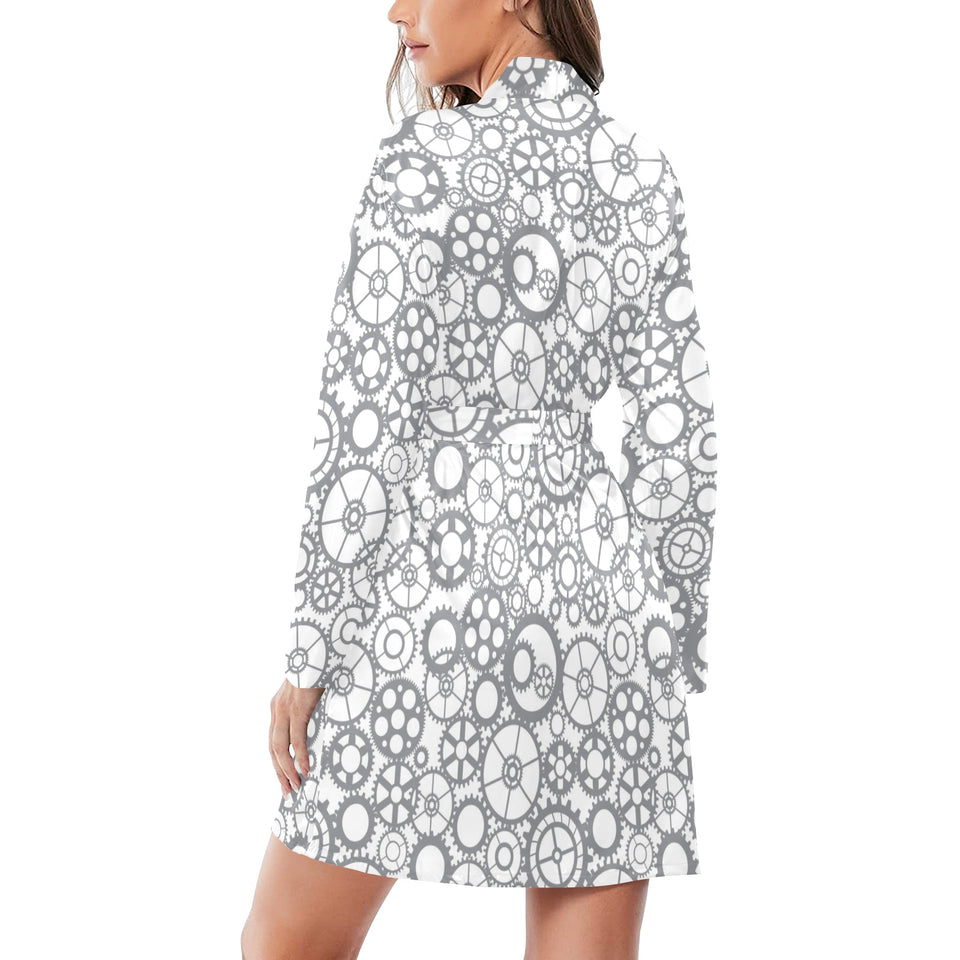 Gear Pattern Print Design 05 Women's Long Sleeve Belted Night Robe