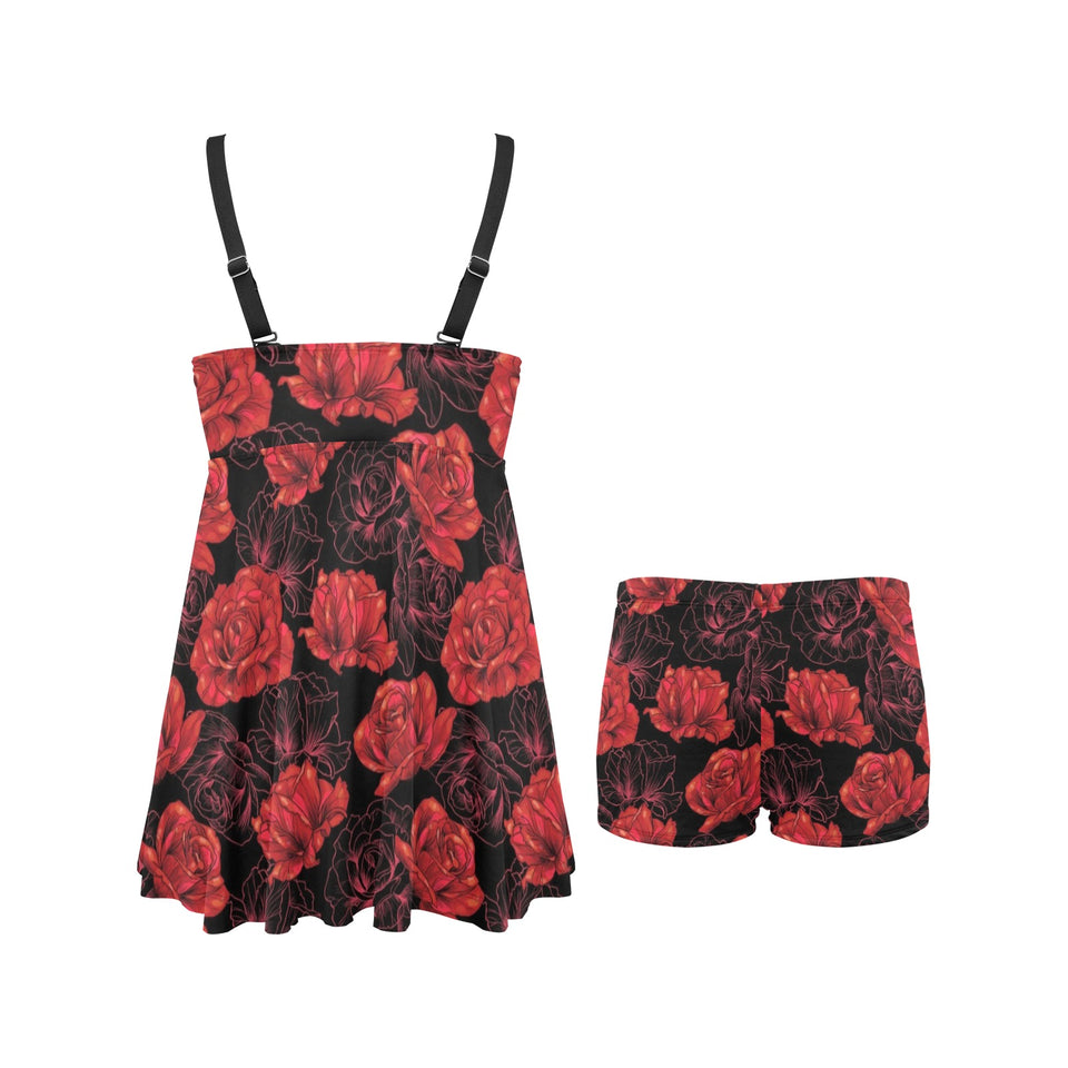 Rose Pattern Print Design 01 Chest Sexy Pleated Two Piece Swim Dress