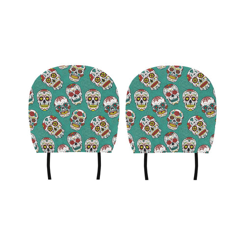 Suger Skull Pattern Green Background Car Headrest Cover