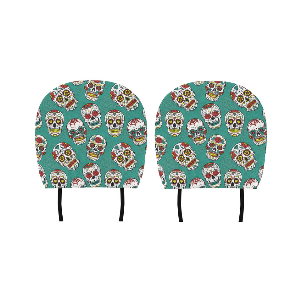 Suger Skull Pattern Green Background Car Headrest Cover