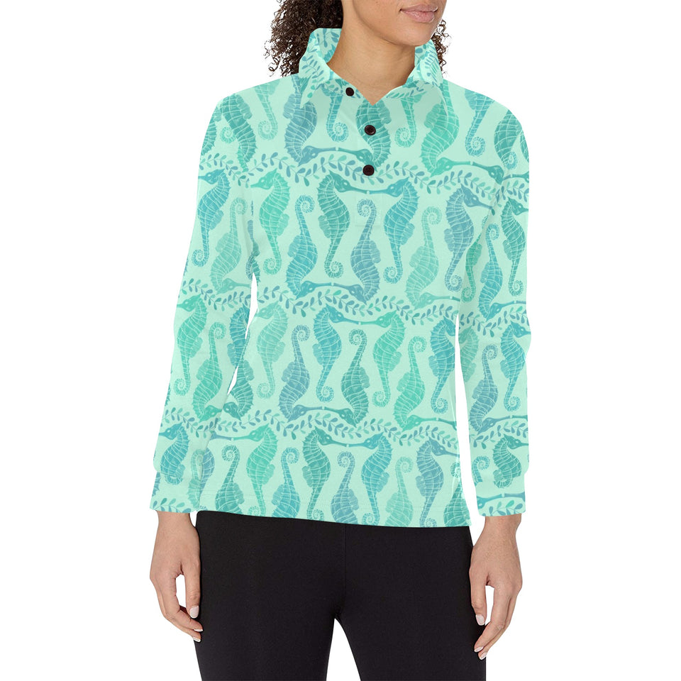 Seahorse Green Pattern Women's Long Sleeve Polo Shirt