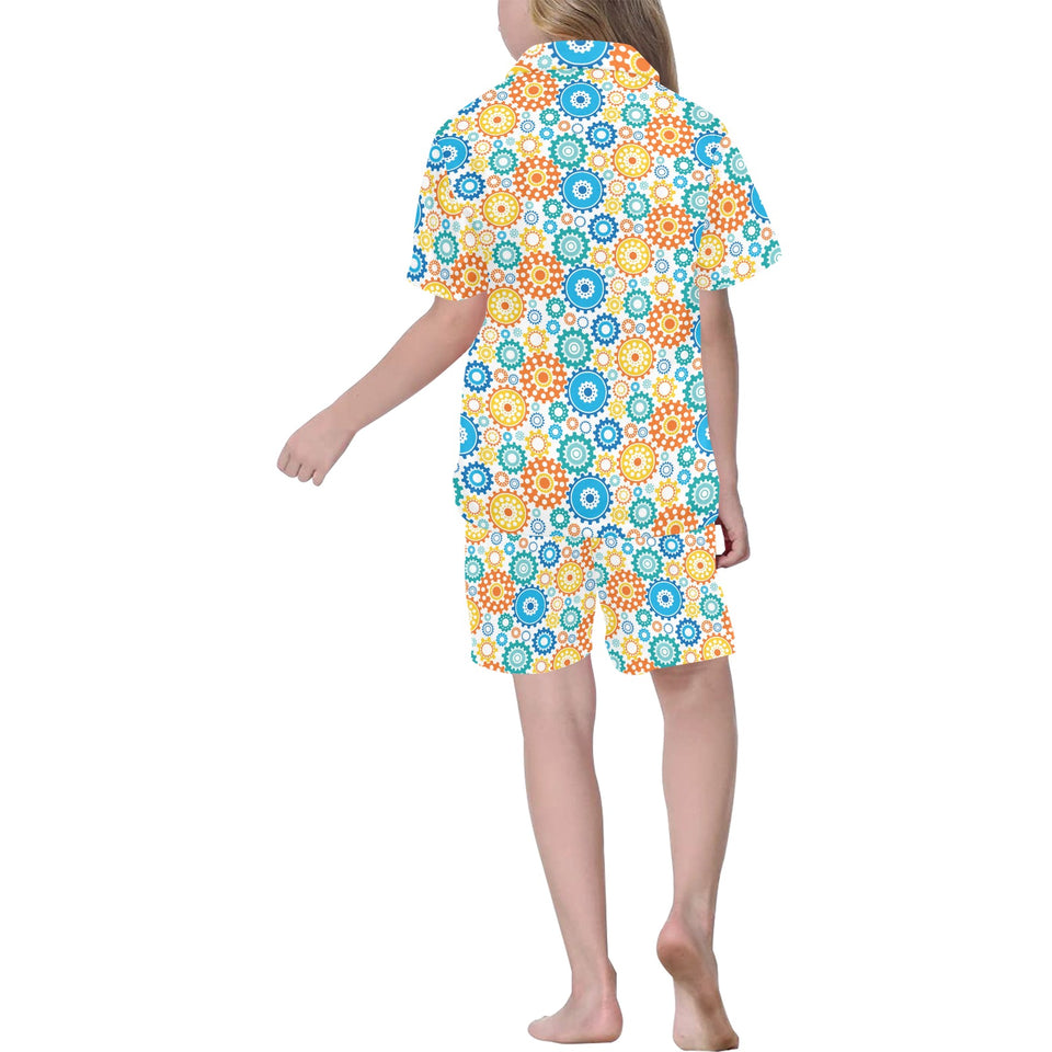 Gear Pattern Print Design 04 Kids' Boys' Girls' V-Neck Short Pajama Set