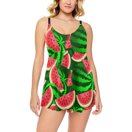 Watermelon Pattern Theme Chest Sexy Pleated Two Piece Swim Dress