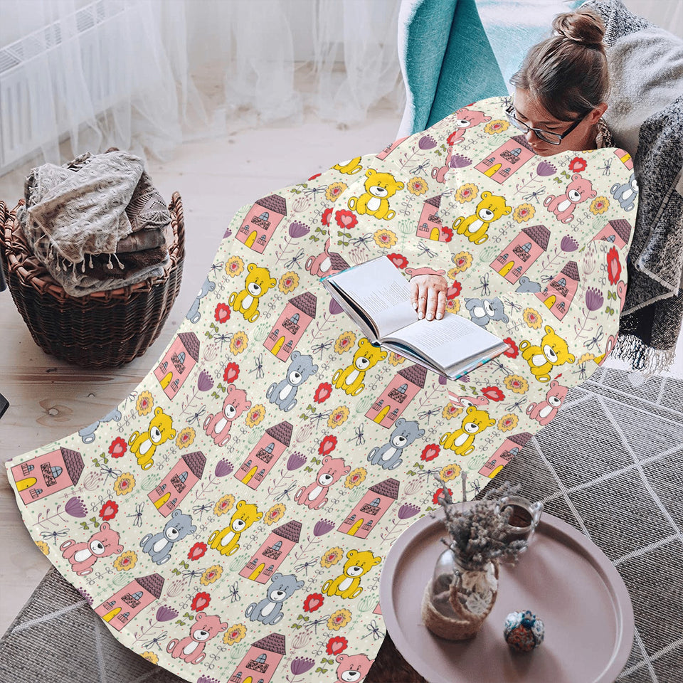 Teddy Bear Pattern Print Design 04 Blanket Robe with Sleeves