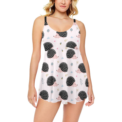 Hedgehog Pattern Print Design 04 Chest Sexy Pleated Two Piece Swim Dress