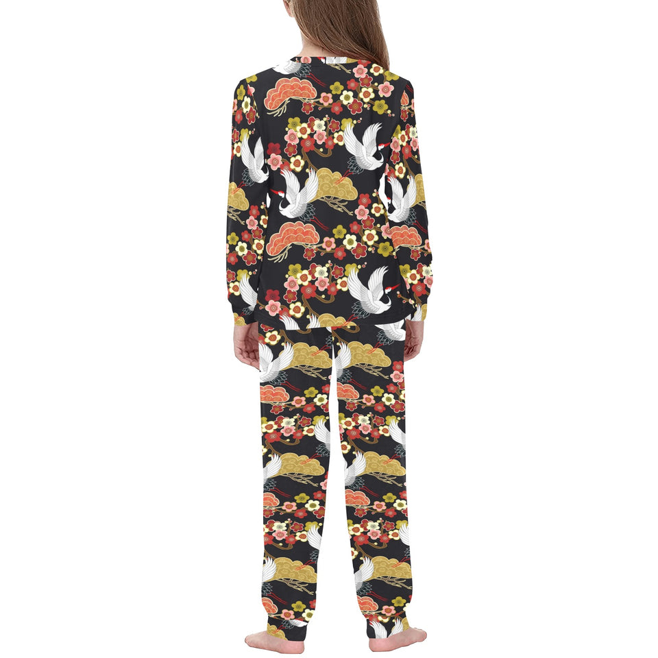 Japanese Crane Pattern Kids' Boys' Girls' All Over Print Pajama Set