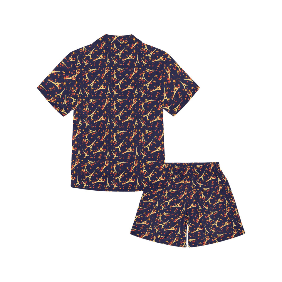 Eiffel Tower Pattern Print Design 02 Kids' Boys' Girls' V-Neck Short Pajama Set