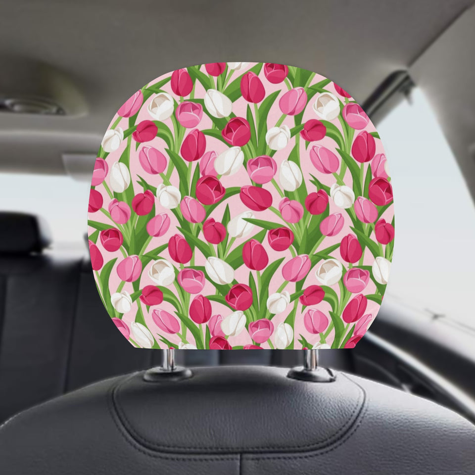 Pink White Tulip Pattern Car Headrest Cover