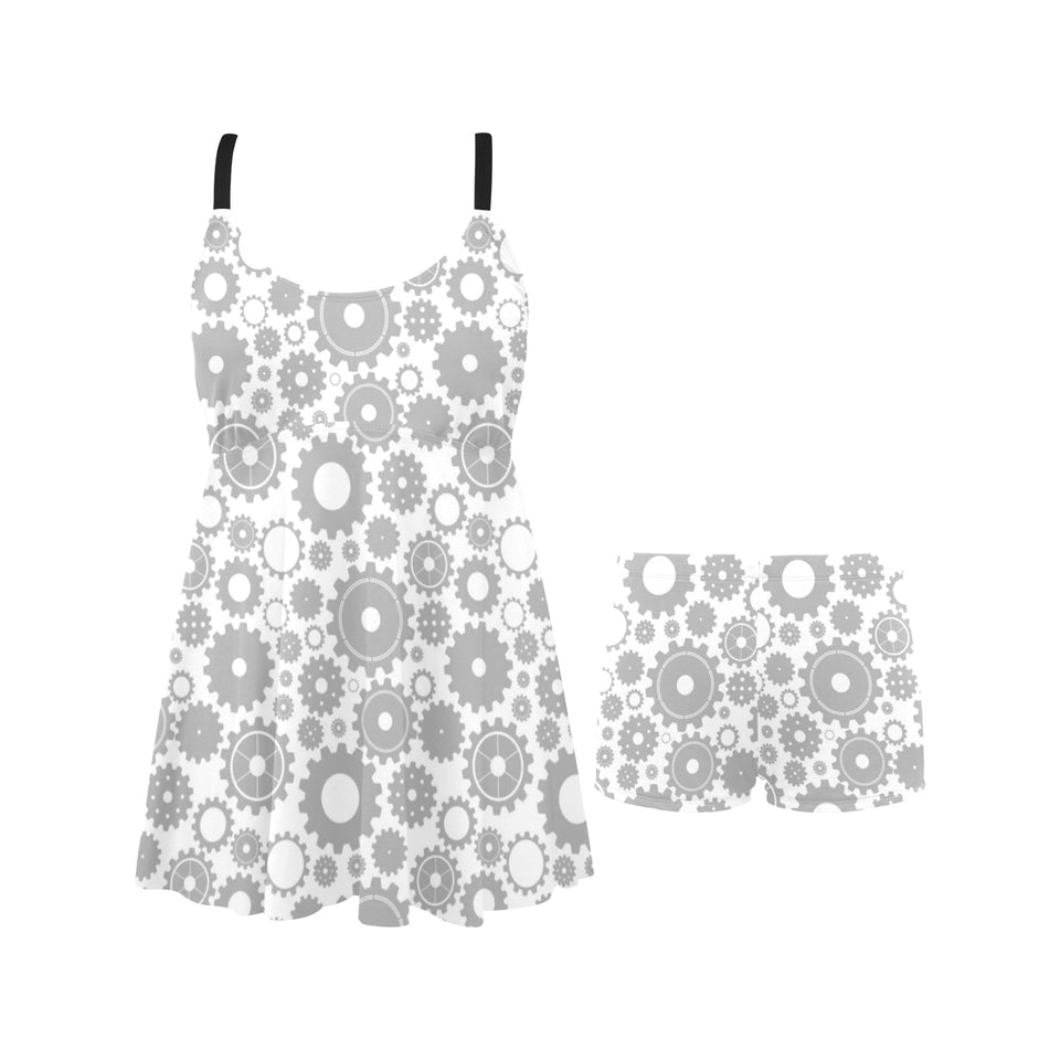 Gear Pattern Print Design 03 Chest Sexy Pleated Two Piece Swim Dress