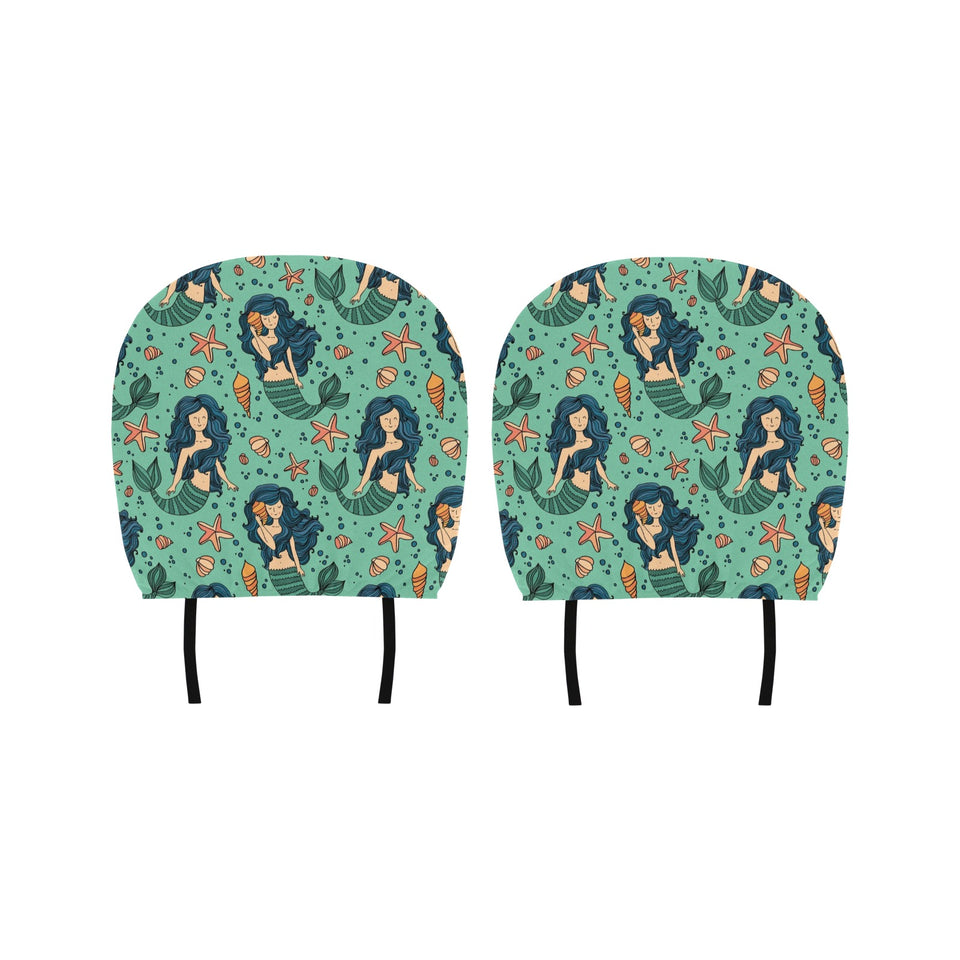 Mermaid Pattern Green Background Car Headrest Cover