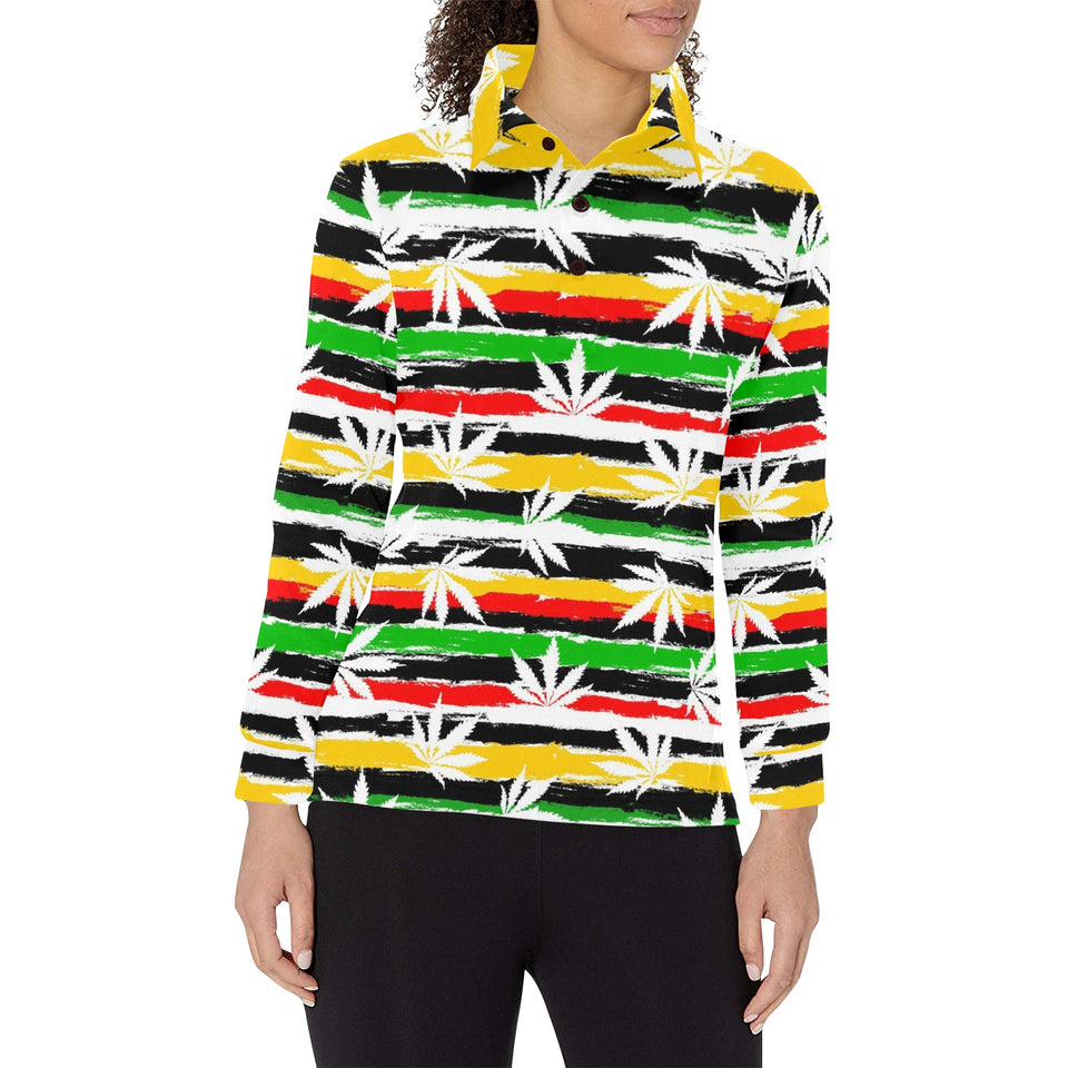 Canabis Marijuana Weed Pattern Print Design 01 Women's Long Sleeve Polo Shirt