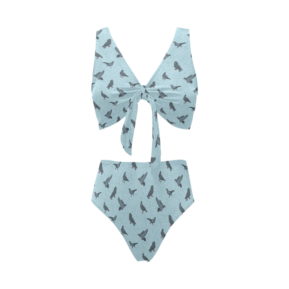 Pigeon Pattern Print Design 02 Chest Bowknot High Waisted Bikini Swimsuit