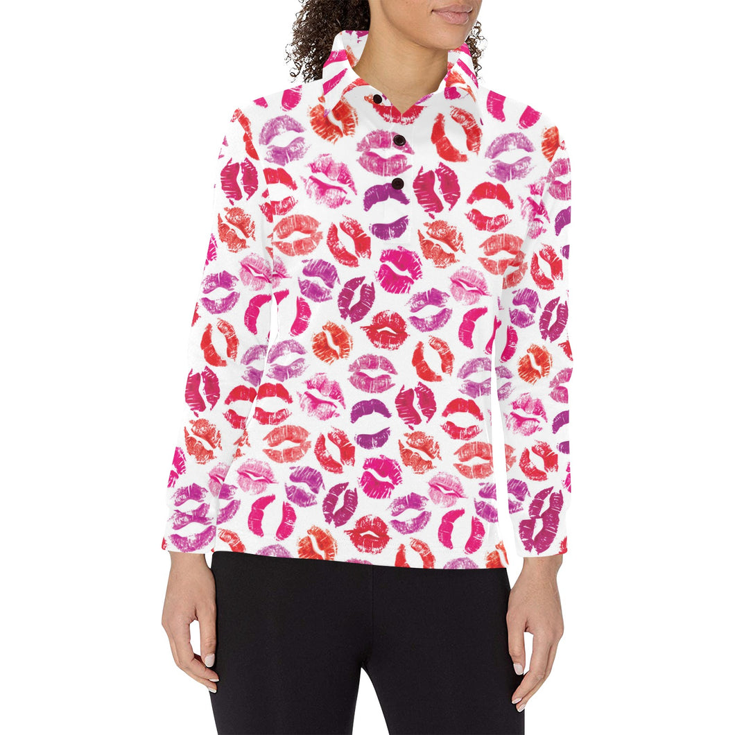 Lips Pattern Print Design 04 Women's Long Sleeve Polo Shirt