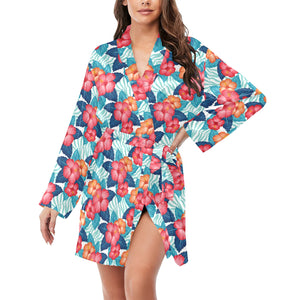 Hibiscus Pattern Print Design 05 Women's Long Sleeve Belted Night Robe