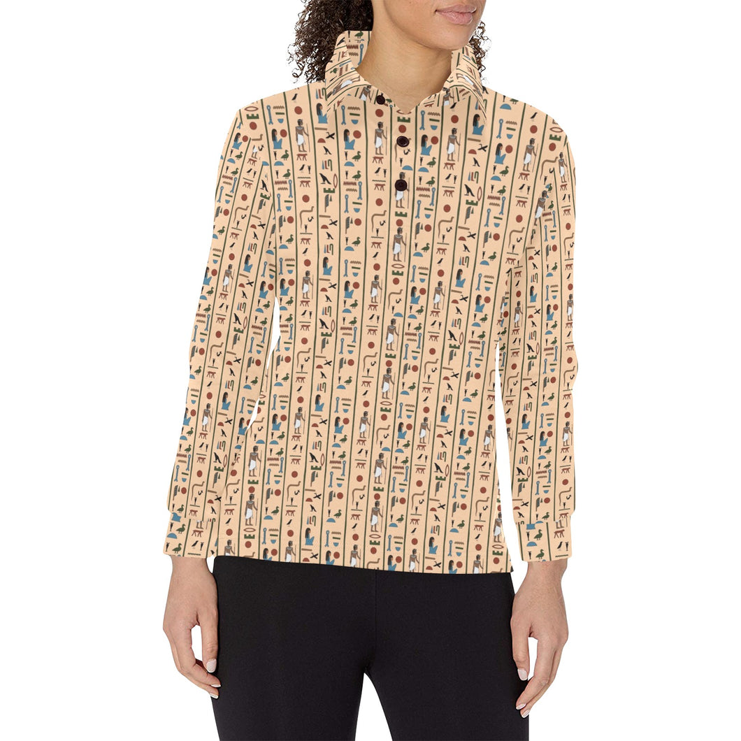 Egypt Hieroglyphics Pattern Print Design 03 Women's Long Sleeve Polo Shirt