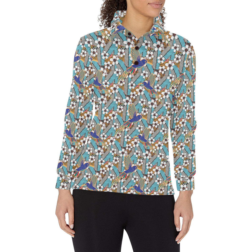 Hummingbird Pattern Print Design 02 Women's Long Sleeve Polo Shirt