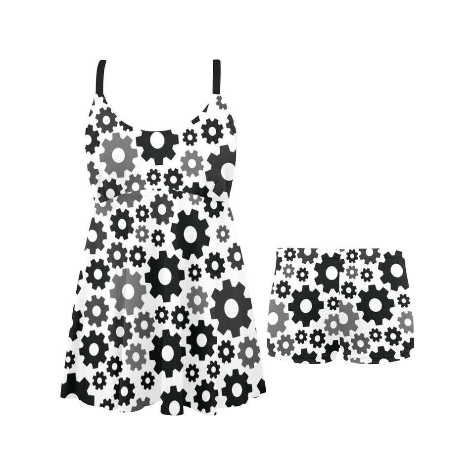 Gear Pattern Print Design 01 Chest Sexy Pleated Two Piece Swim Dress