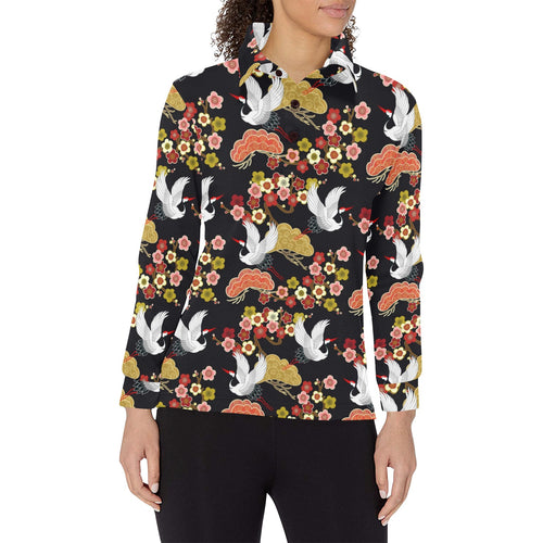 Japanese Crane Pattern Women's Long Sleeve Polo Shirt