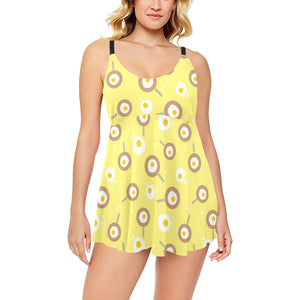 Fried Eggs Pattern Print Design 03 Chest Sexy Pleated Two Piece Swim Dress