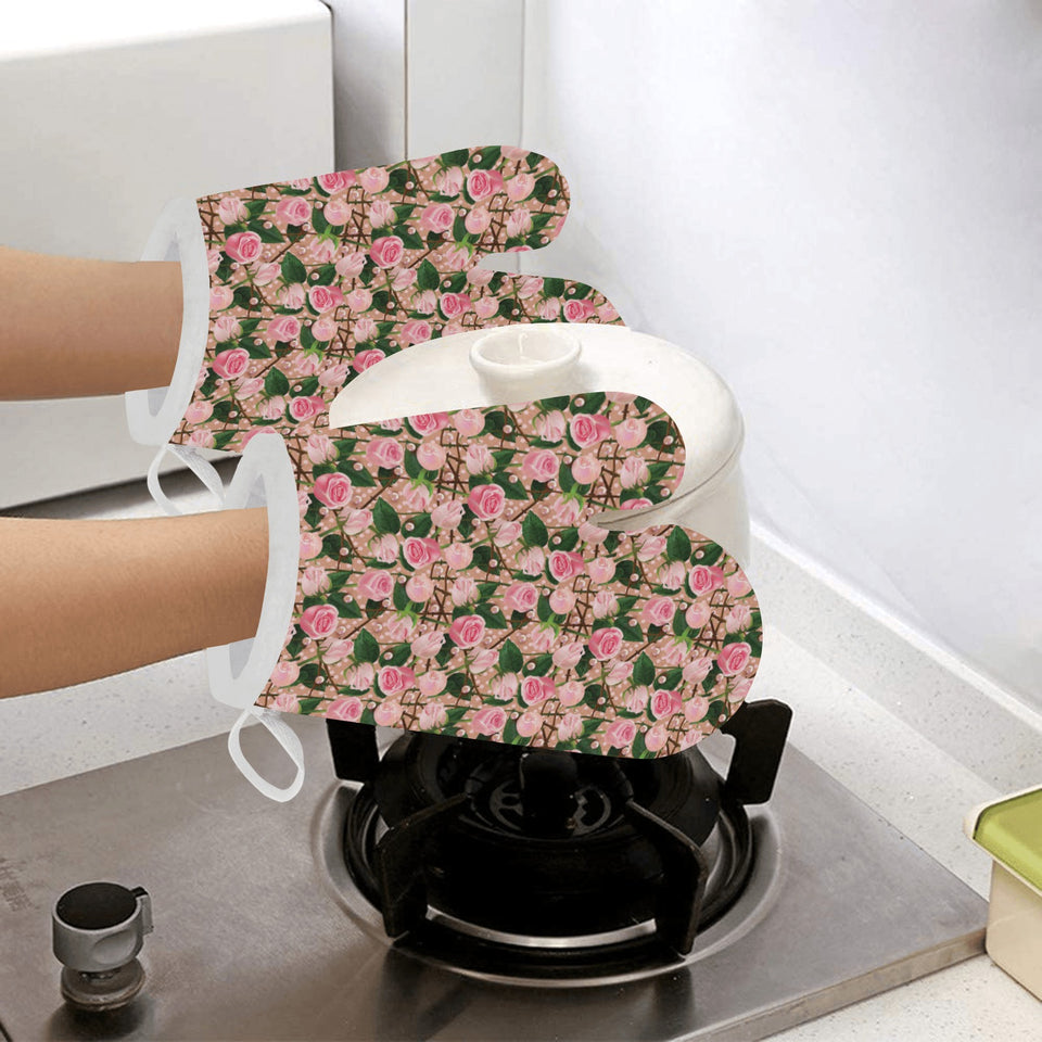 Rose Pattern Print Design 04 Heat Resistant Oven Mitts