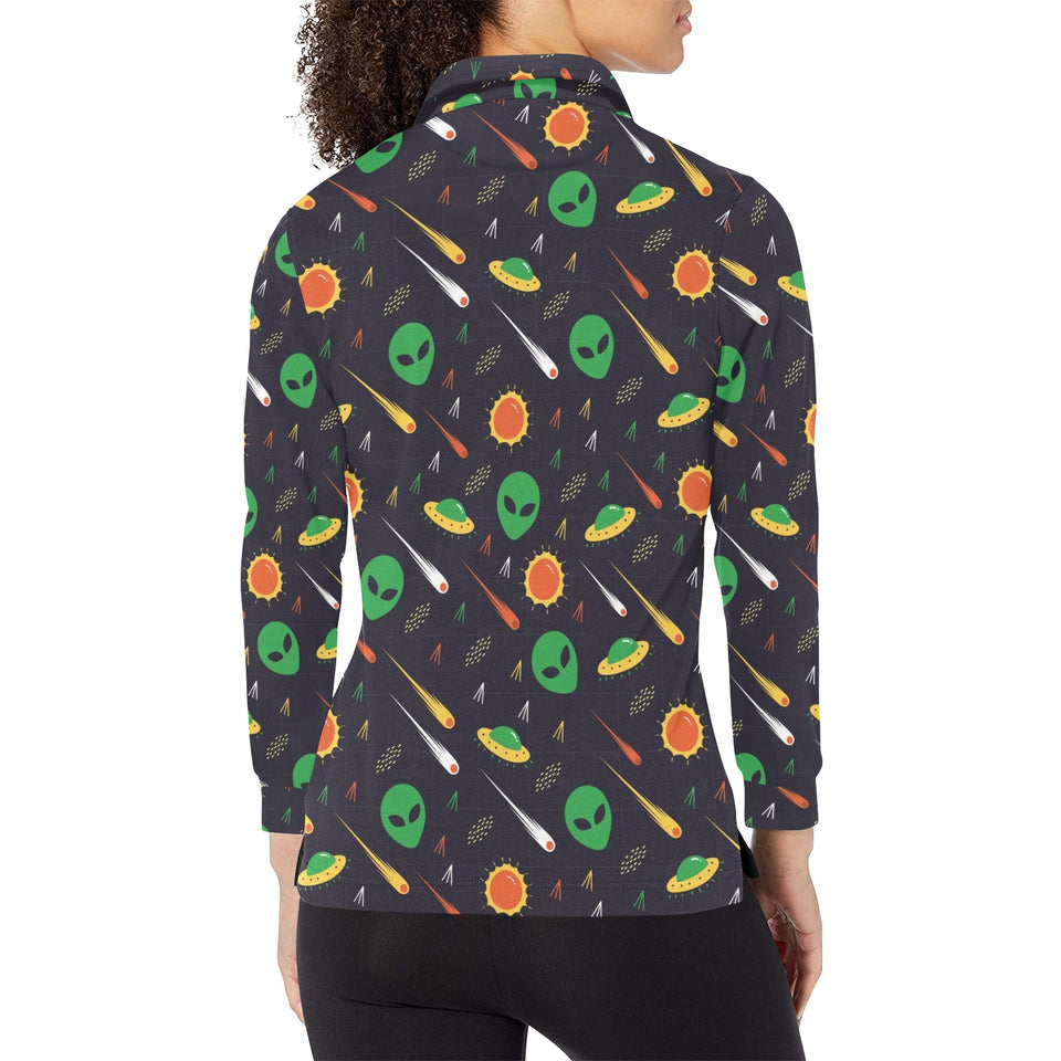 Alien Pattern Print Design 03 Women's Long Sleeve Polo Shirt