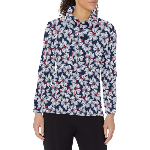 Hibiscus Pattern Print Design 02 Women's Long Sleeve Polo Shirt